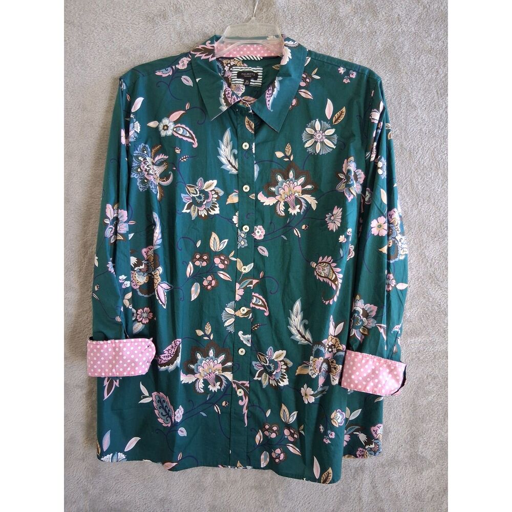 Talbots Shirt 3X Petite Floral Paisley Green Contrast Cuff Button Down Cotton